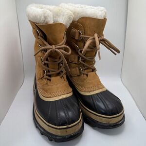 Sorel Caribou Waterproof Winter Snow Boots Men's Tan Suede Fur Lined Lace Up S-7